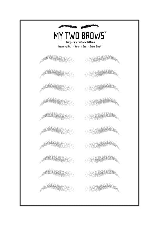 (10 pairs) Natural Gray Temporary Eyebrow Tattoo - Extra Small Size - Waterproof & Smudgeproof - Assertive Arch Style Eyebrow Stickers - Sheet Lasts up to 30 Days - Won't Work on Existing Brows